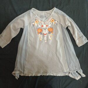 Karyn Seo Embroidered Top Womens Large Gray Thermal 3/4 Sleeve Tunic Floral
